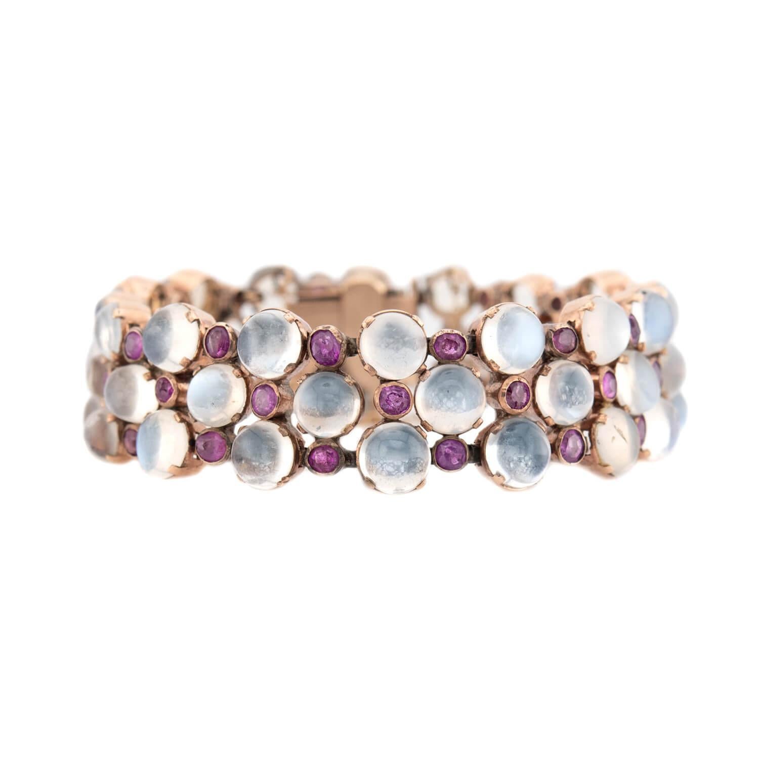 Set di orecchini e bracciali con pietra di luna e zaffiro in stile retrò 14k In condizioni buone in vendita a Narberth, PA