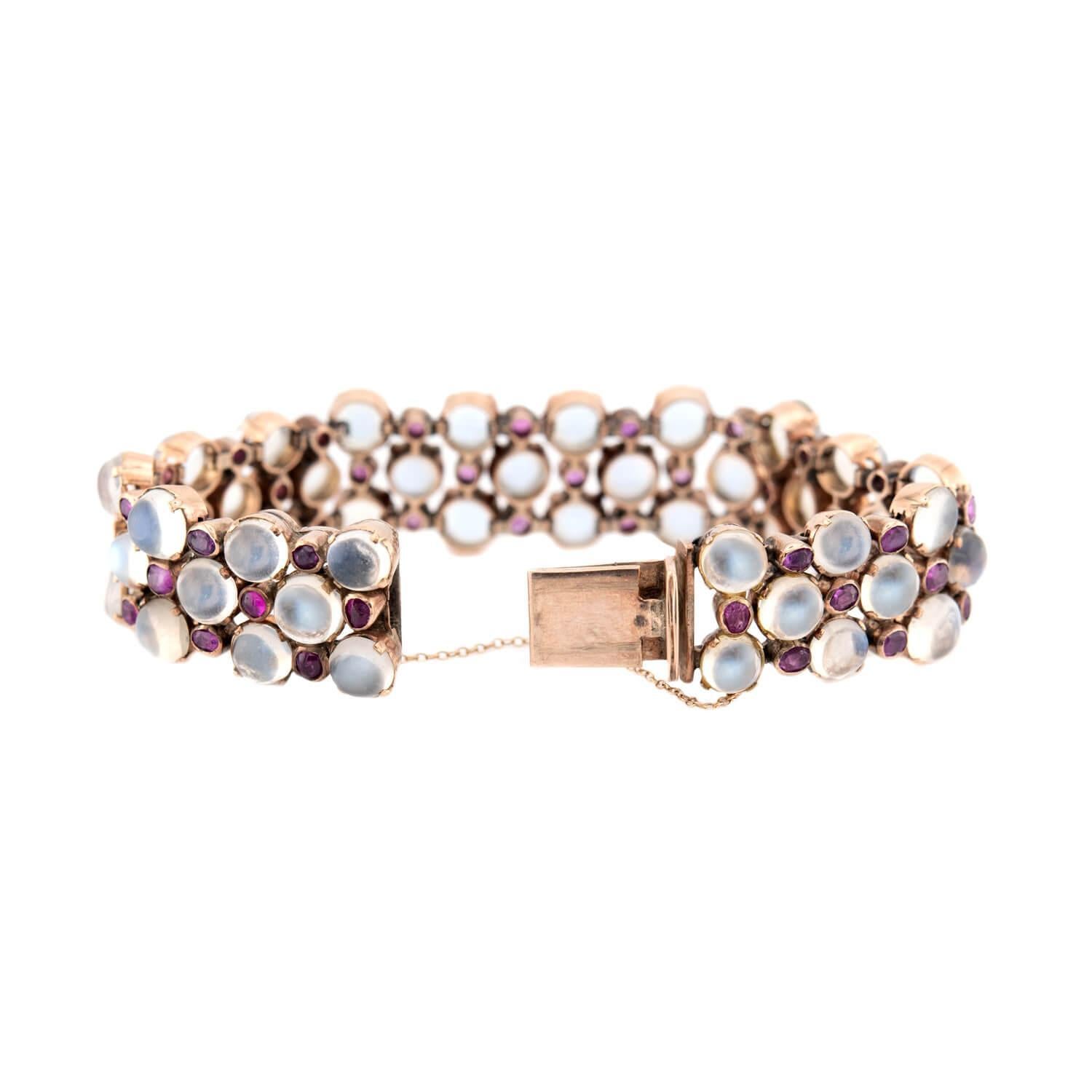 Set di orecchini e bracciali con pietra di luna e zaffiro in stile retrò 14k in vendita 1