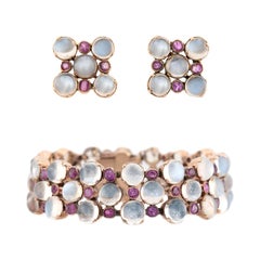 Retro 14k Mondstein und Saphir Ohrring und Armband Set