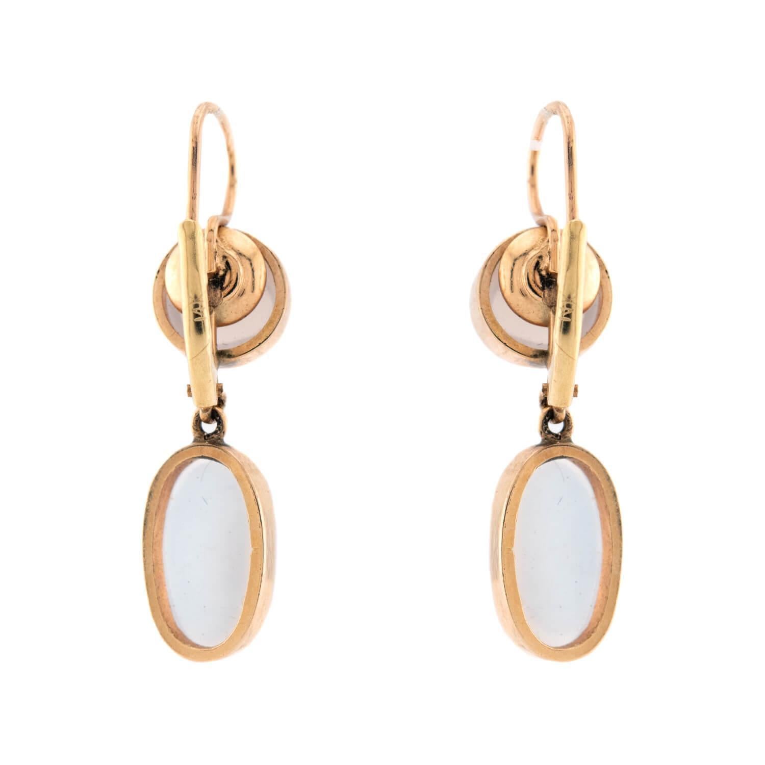 Cabochon Retro 14k Moonstone Drop Earrings For Sale