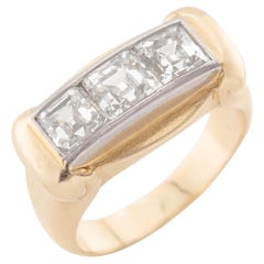 Anello retrò a tre pietre con diamanti in palladio e 14k