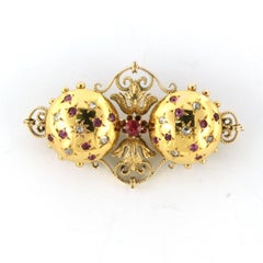 Broche rétro en or rose 14k avec rubis et diamants taillés en rose, 1950