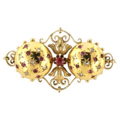 Broche rétro en or rose 14k avec rubis et diamants taillés en rose, 1950