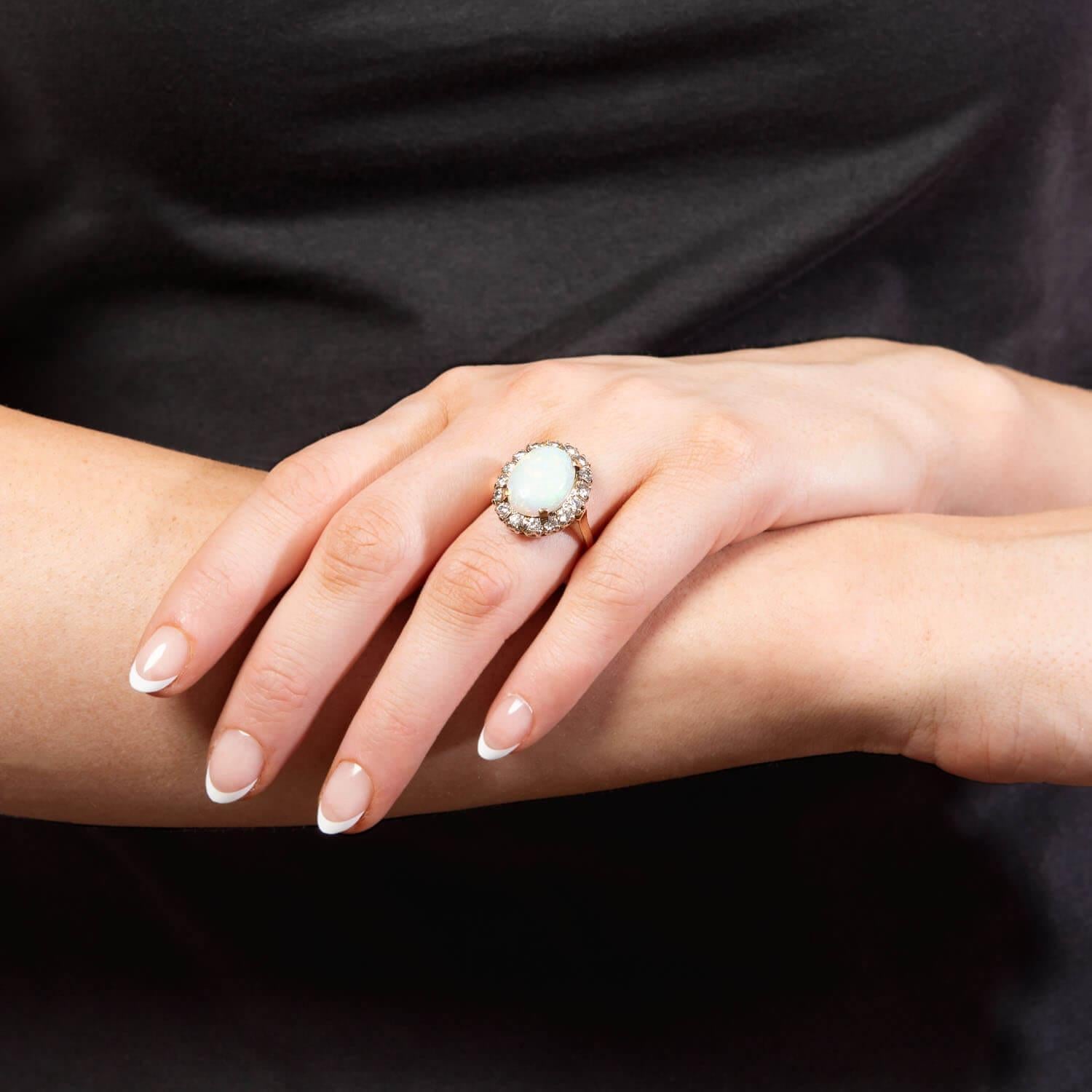 Retro 14k/Platinum Opal and Diamond Halo Ring For Sale 3