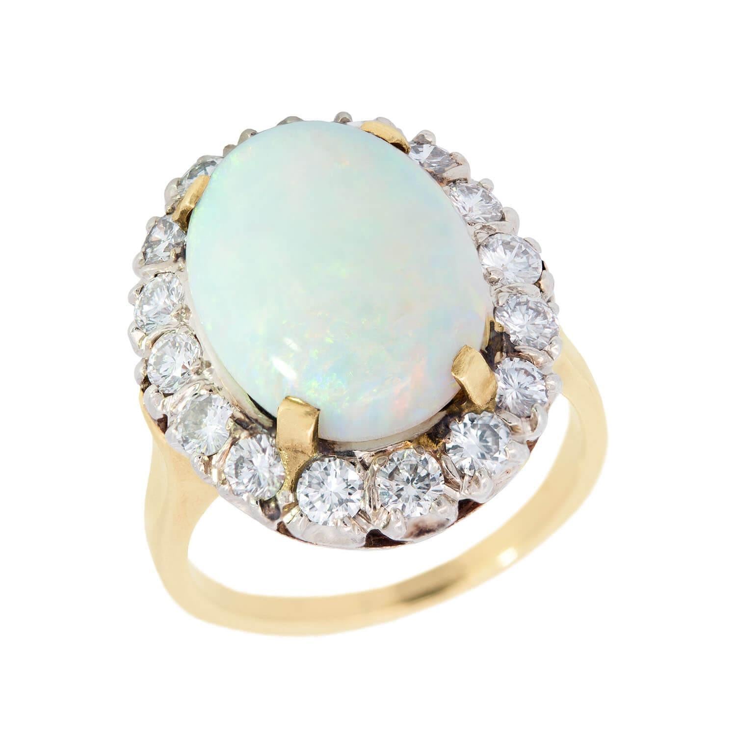 Retro 14k/Platin Opal und Diamant Halo Ring