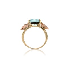 Retro 14K Rose and Yellow Gold 4.52 carat Aquamarine and Ruby Flower Ring