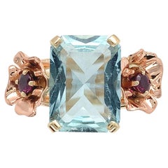 Retro 14K Rose and Yellow Gold 4.52 carat Aquamarine and Ruby Flower Ring