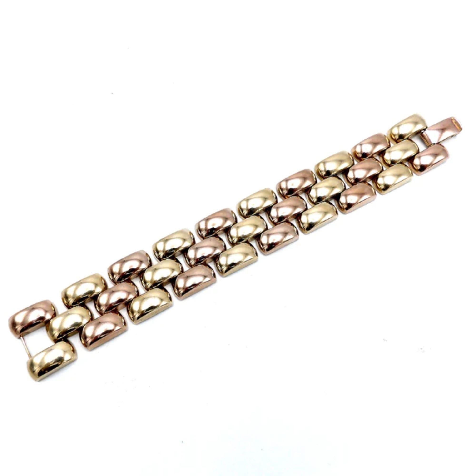 This Retro 14K rose and yellow gold linked bracelet, has a geometric design indicative of mid-20th century jewelry. Retro jewelry design was influenced by the culture and aesthetics of World War II. This piece has an air of history, with its