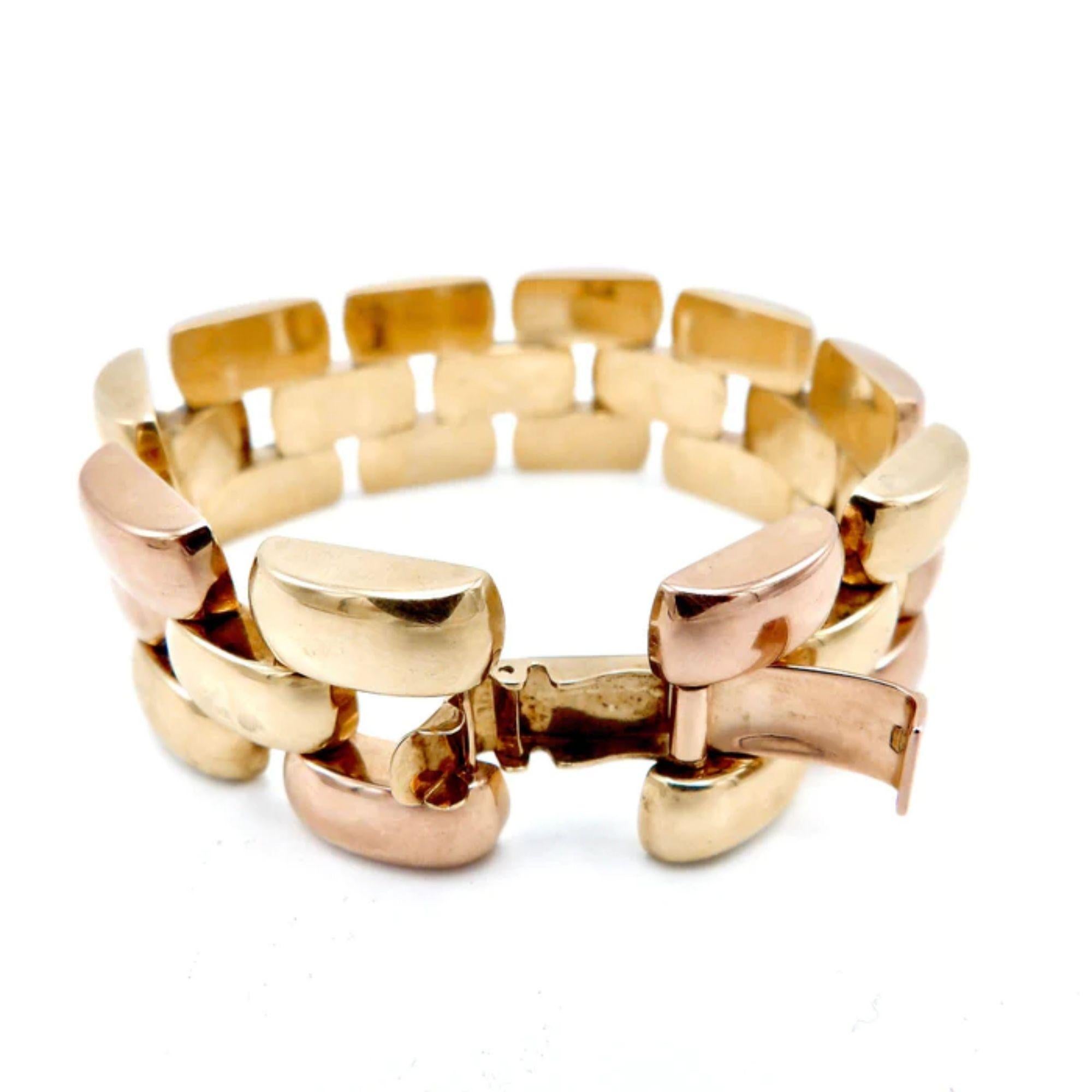Retro 14K Rose and Yellow Gold Alternating Link Tank Bracelet In Good Condition For Sale In Venice, CA