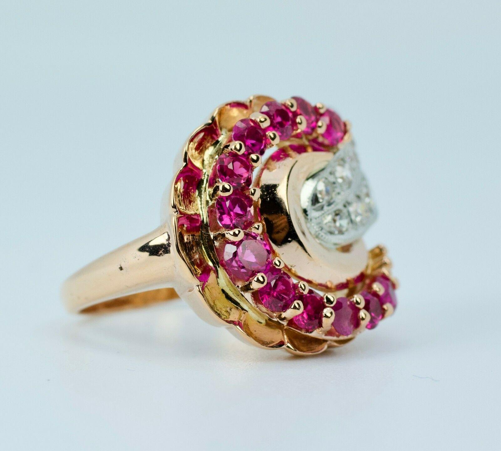 Retro 14 Karat Rose Gold and Palladium Red Rubies with Round Diamond Ring In Good Condition In Montgomery, AL