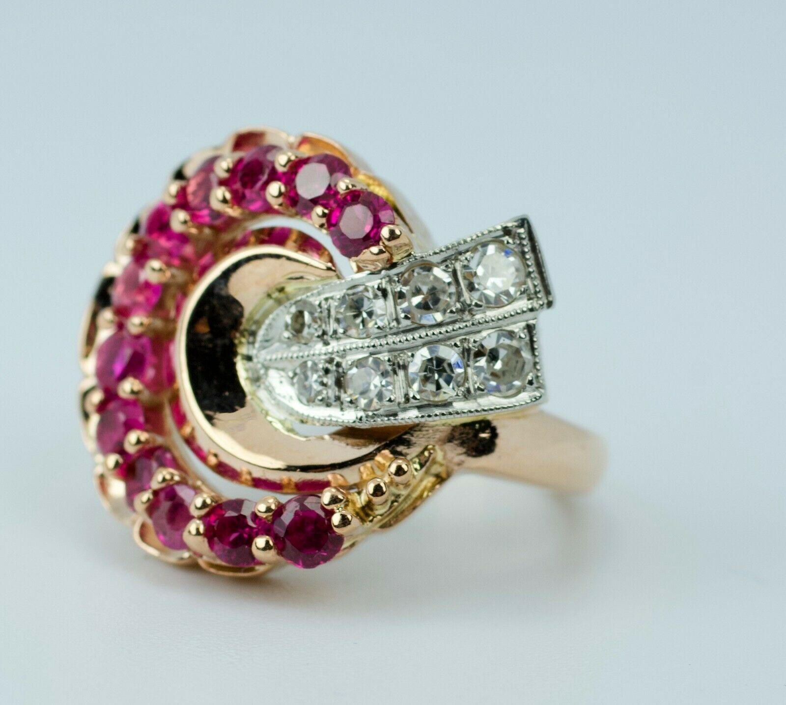 Retro 14 Karat Rose Gold and Palladium Red Rubies with Round Diamond Ring 2