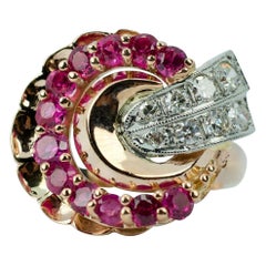 Vintage 14 Karat Rose Gold and Palladium Red Rubies with Round Diamond Ring
