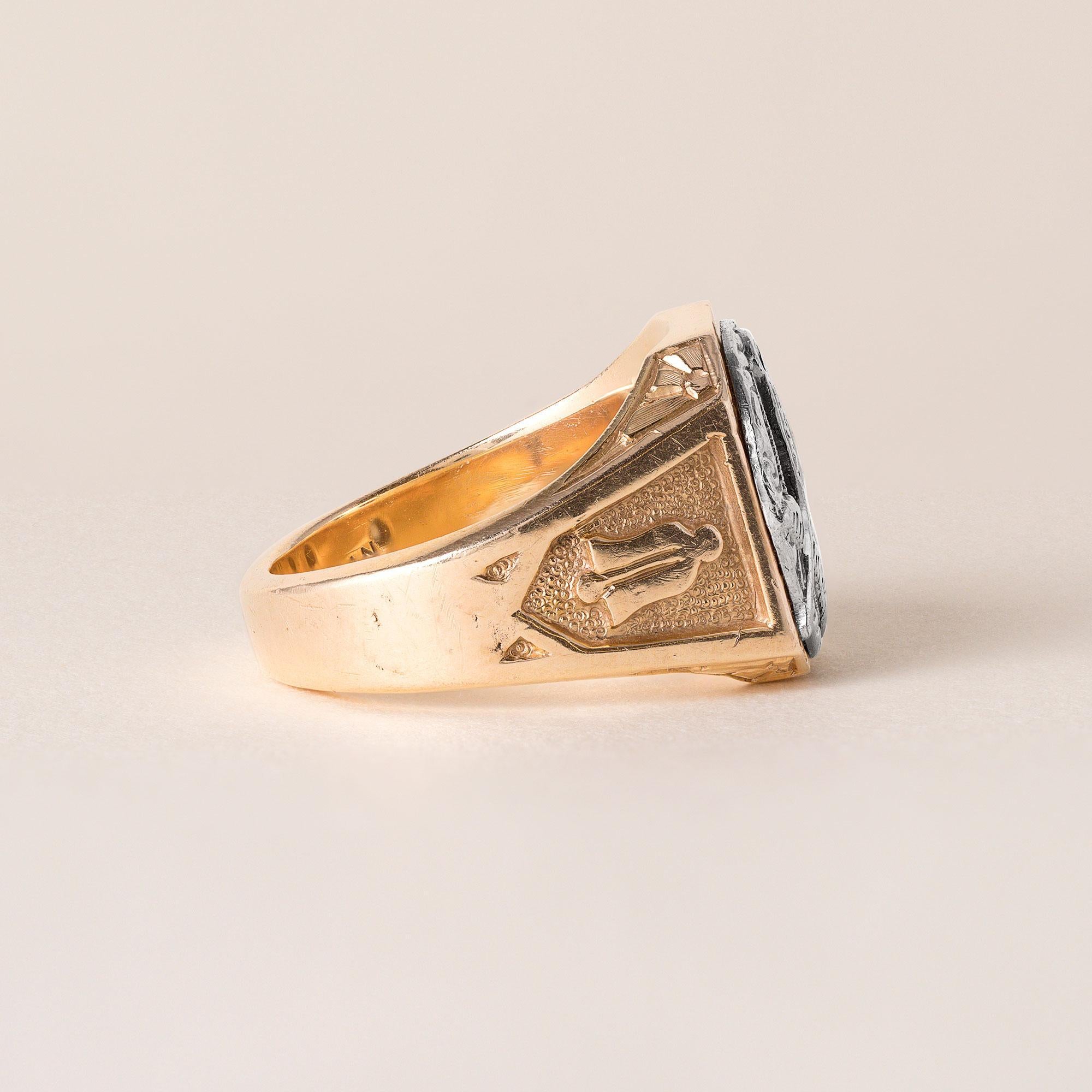 Old European Cut Retro 14K Rose Gold Masonic Old Mine Cut Diamond Signet Ring For Sale