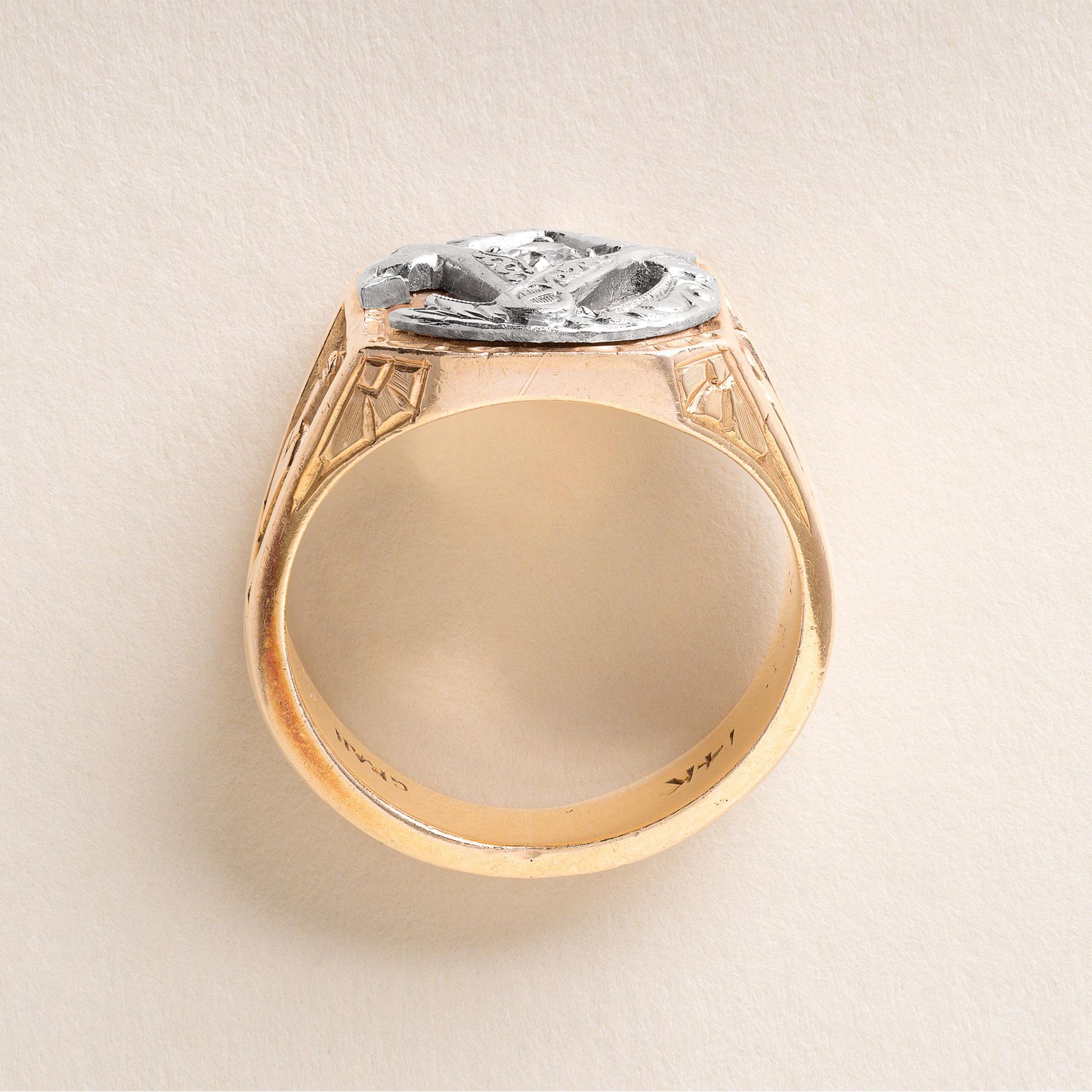 Retro 14K Rose Gold Masonic Old Mine Cut Diamond Signet Ring In Good Condition For Sale In Los Angeles, CA