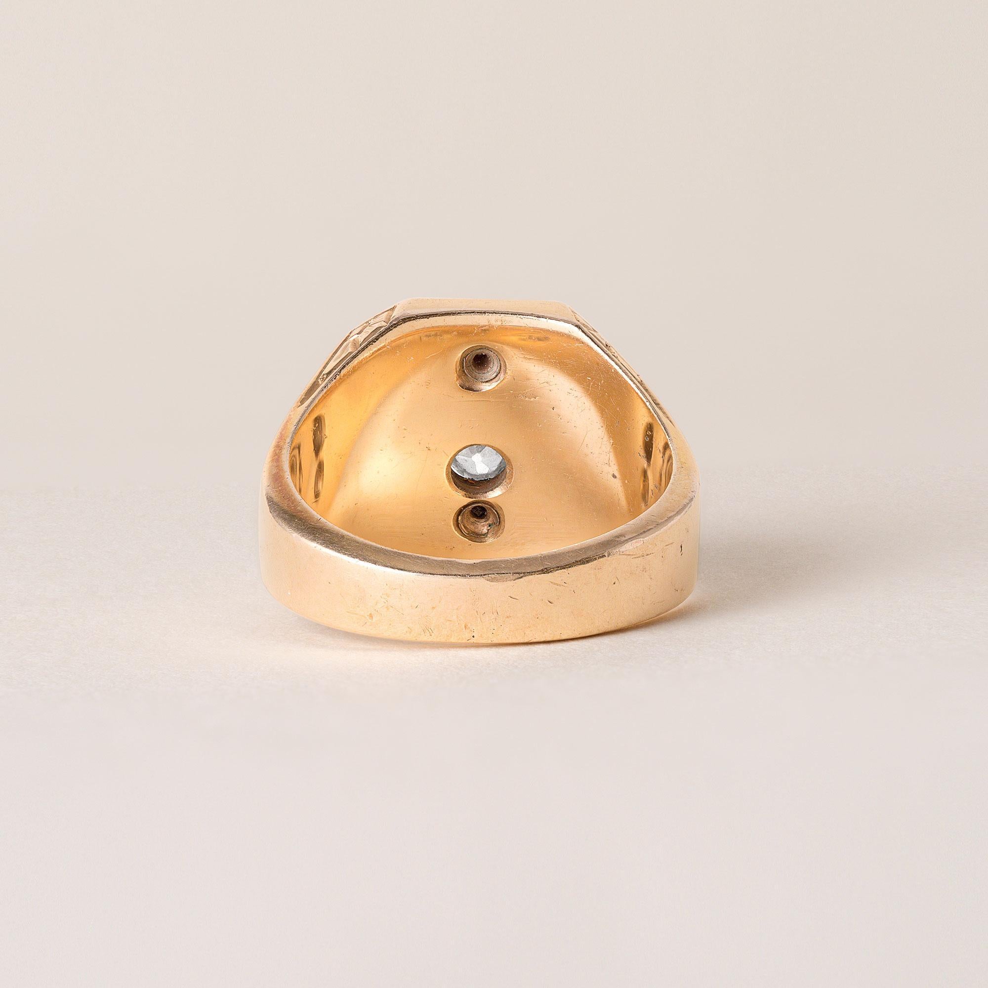 Retro 14K Rose Gold Masonic Old Mine Cut Diamond Signet Ring For Sale 1
