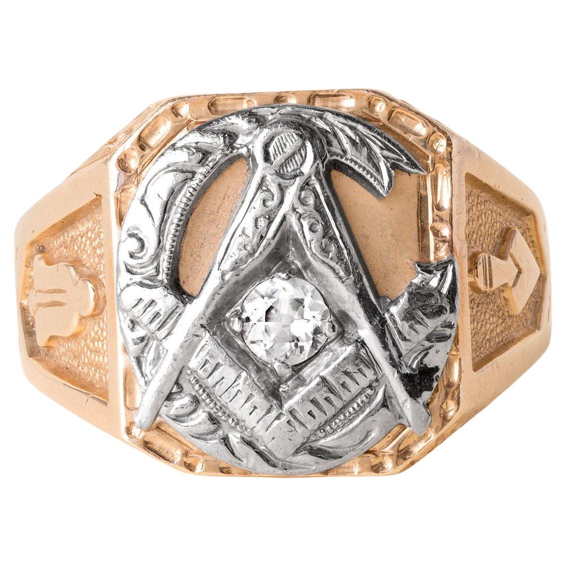 Retro 14K Rose Gold Masonic Old Mine Cut Diamond Signet Ring For Sale