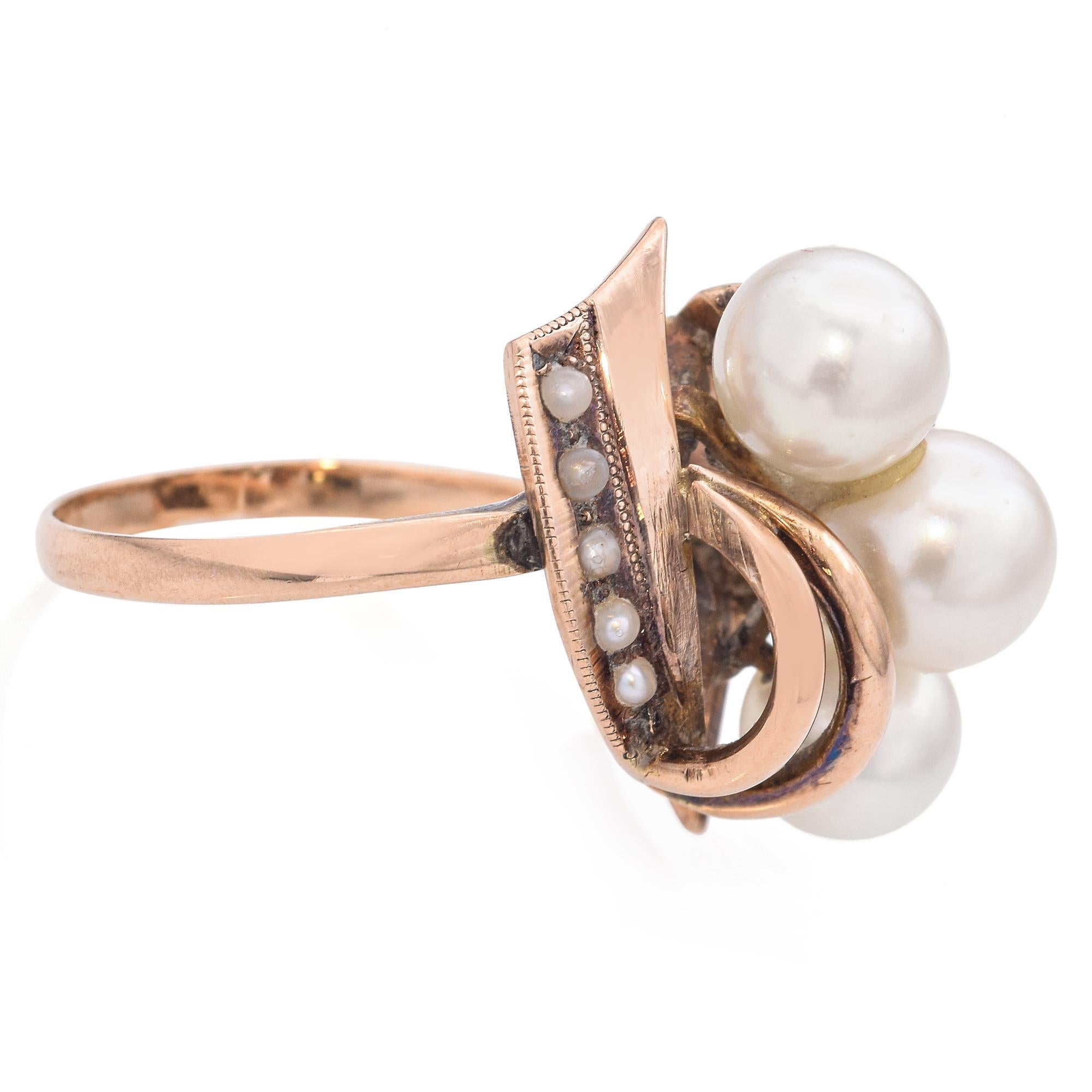 Retro 14k Roségold Perlen-Blumenstrauß-Ring im Zustand „Gut“ im Angebot in New York, NY