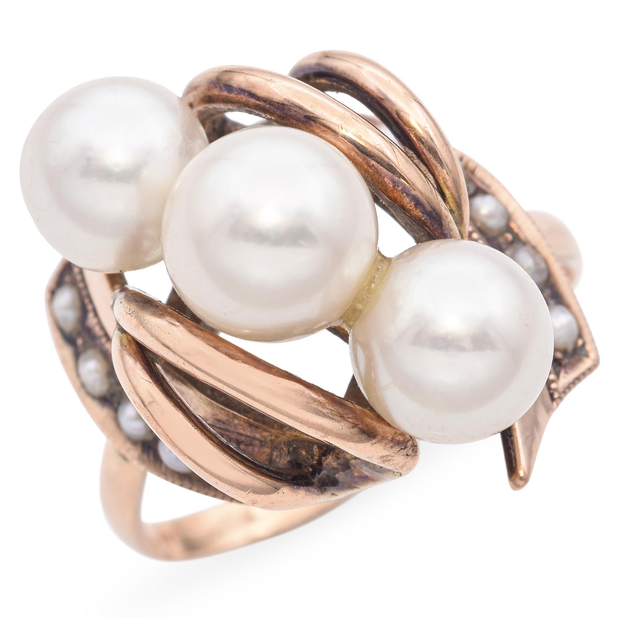 Retro 14k Roségold Perlen-Blumenstrauß-Ring Damen im Angebot