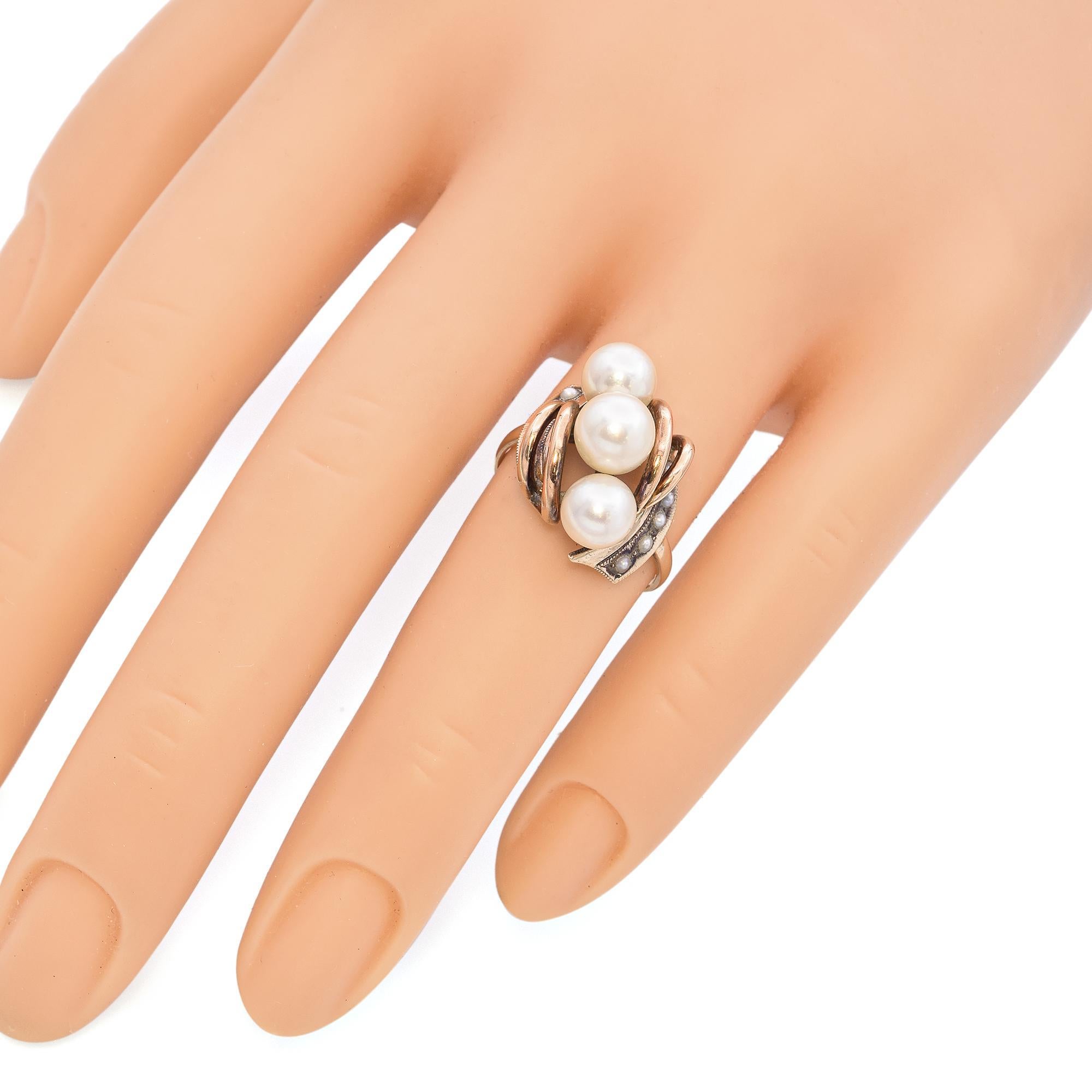 Retro 14k Roségold Perlen-Blumenstrauß-Ring im Angebot 1