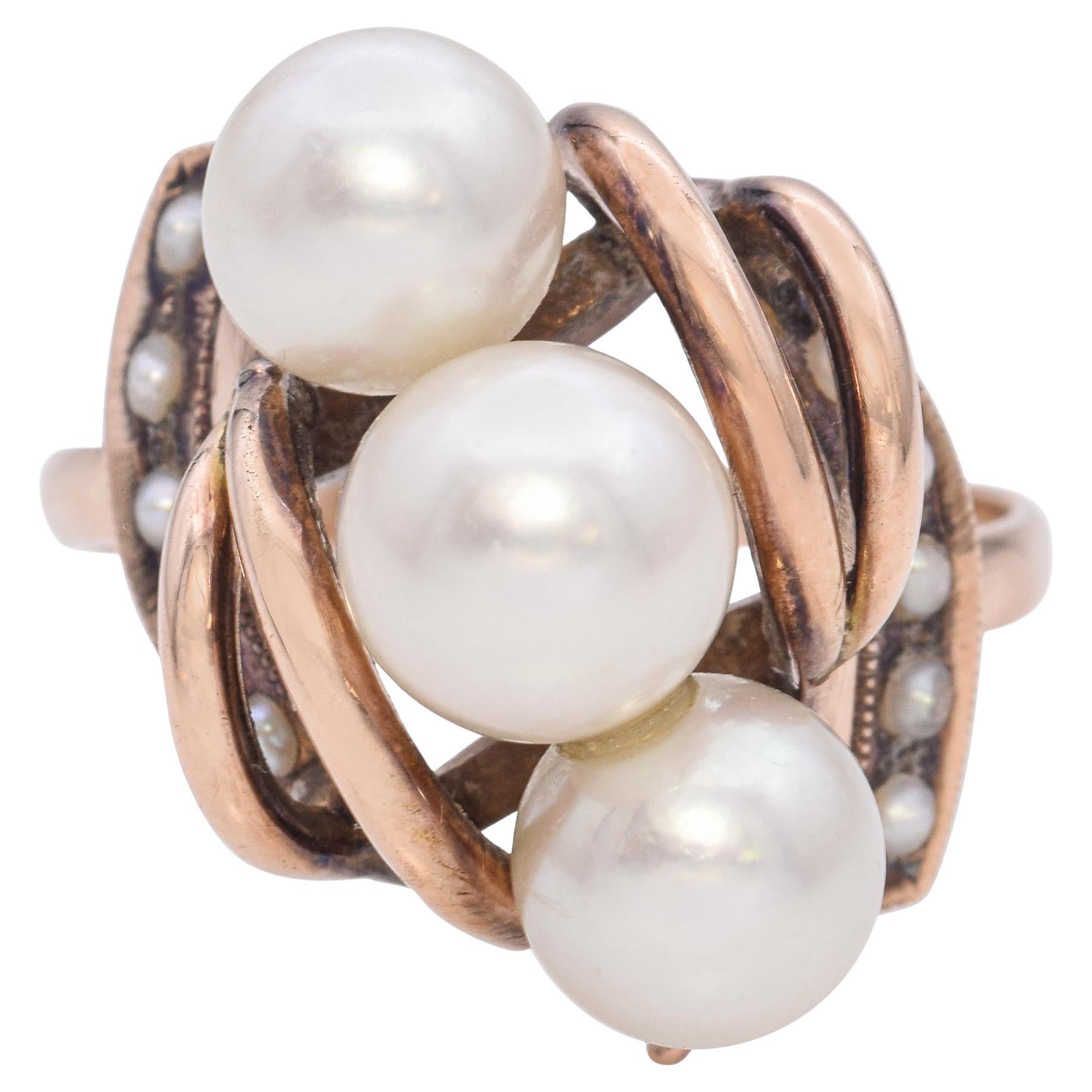 Retro 14k Rose Gold Pearl Bouquet Ring