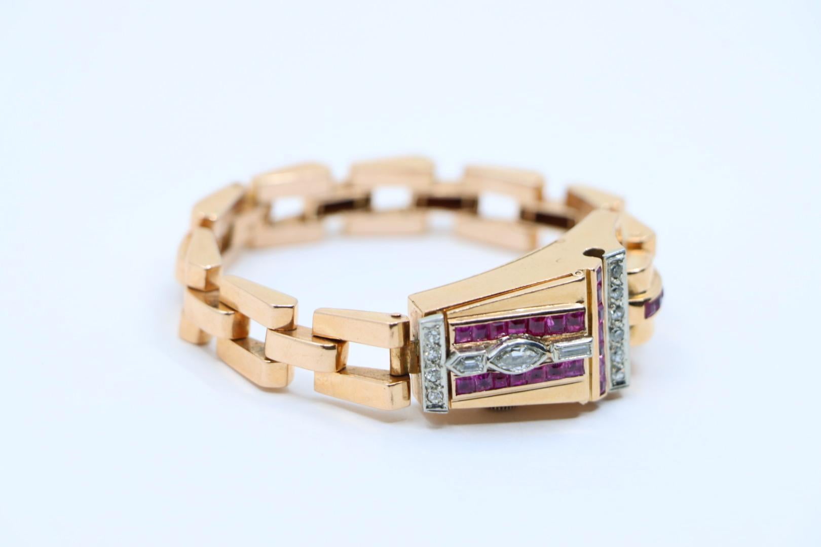 Reloj Pulsera Retro Oro Rosa 14K Rubí Diamantes en venta 5