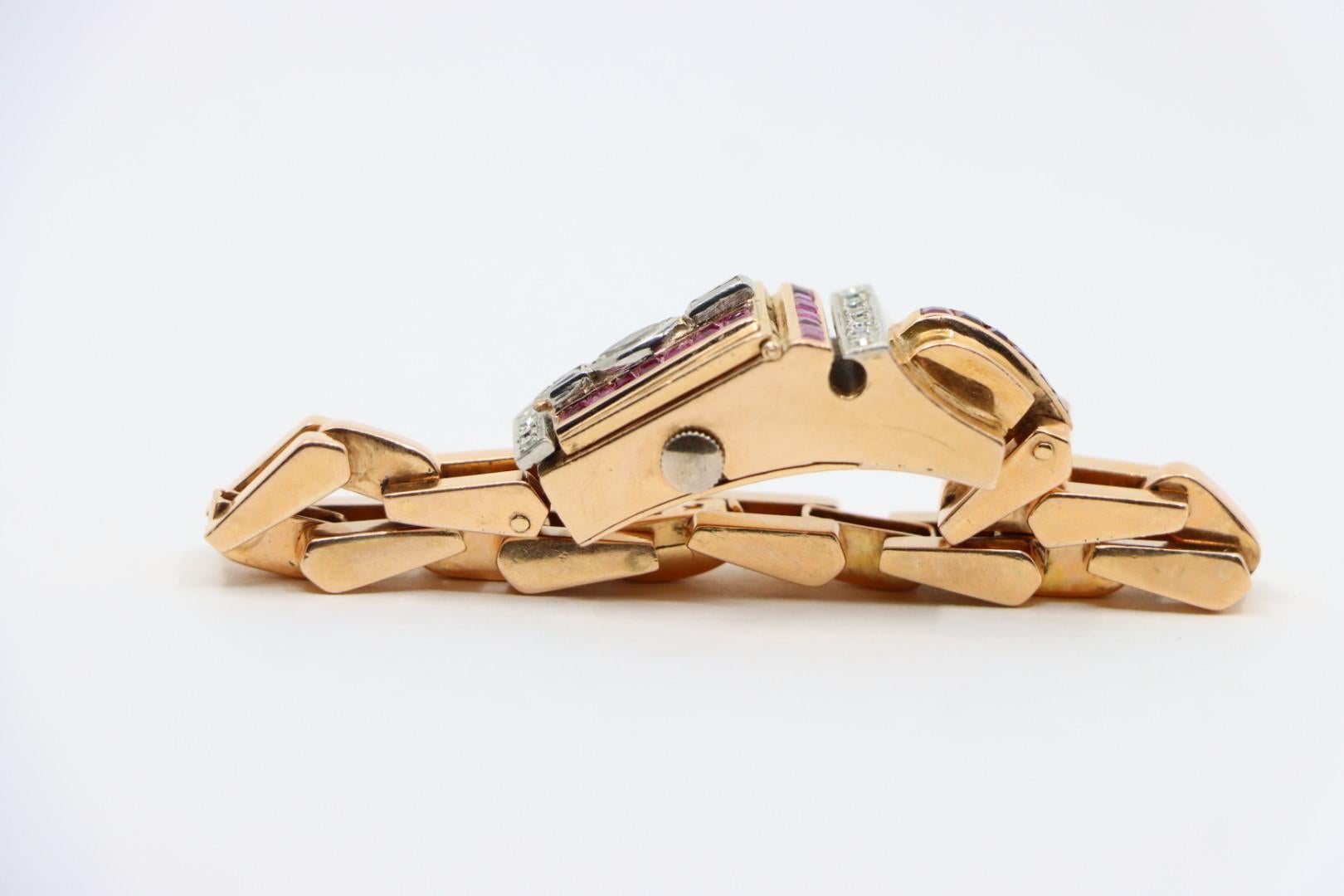 Reloj Pulsera Retro Oro Rosa 14K Rubí Diamantes en venta 6
