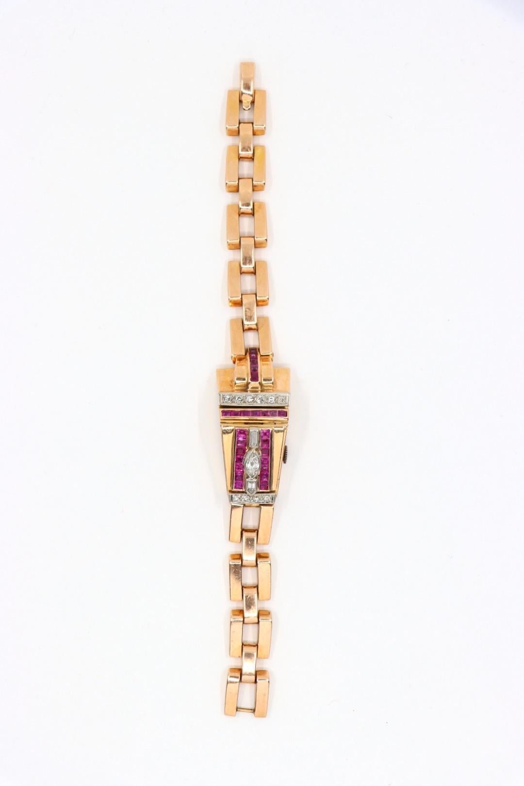 Reloj Pulsera Retro Oro Rosa 14K Rubí Diamantes en venta 8