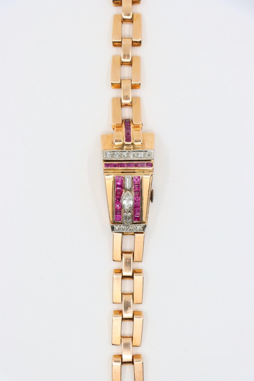Reloj Pulsera Retro Oro Rosa 14K Rubí Diamantes en venta 9