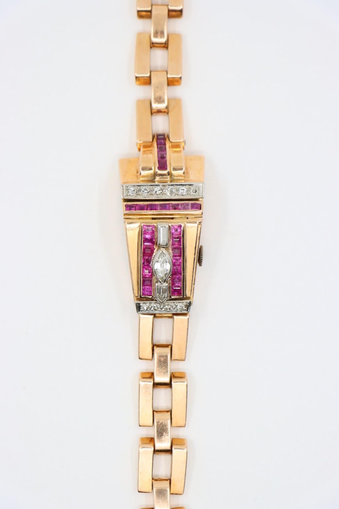 Orologio retro in oro rosa 14K con rubino e diamanti in vendita 10