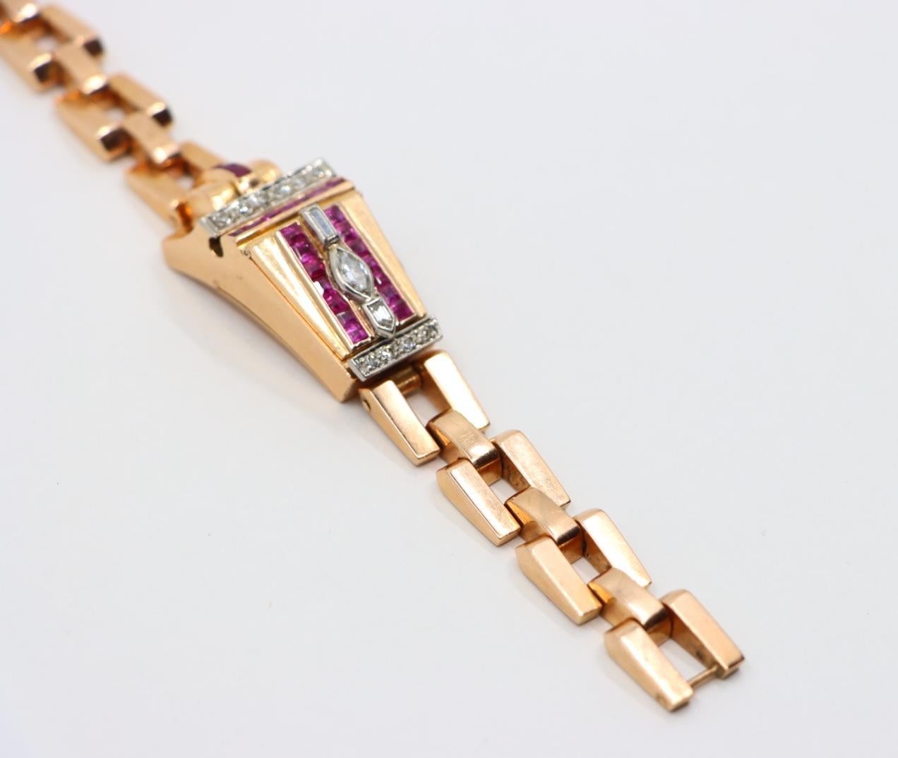 Reloj Pulsera Retro Oro Rosa 14K Rubí Diamantes en venta 11