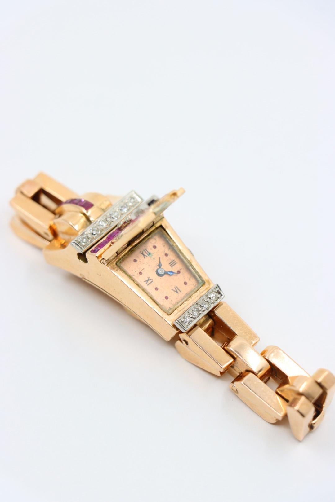 Femenino o masculino Reloj Pulsera Retro Oro Rosa 14K Rubí Diamantes en venta