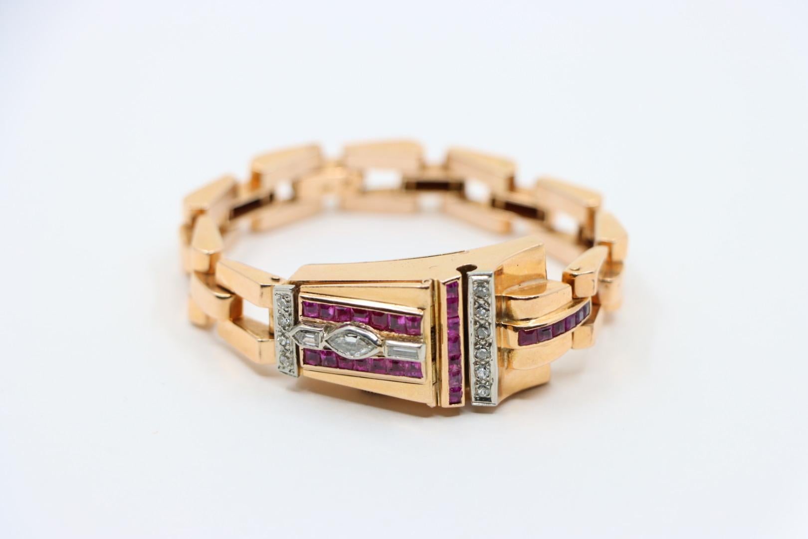 Reloj Pulsera Retro Oro Rosa 14K Rubí Diamantes en venta 2