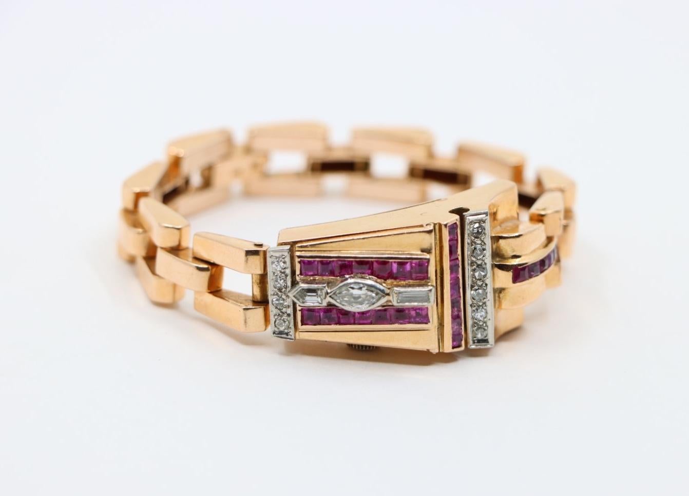 Reloj Pulsera Retro Oro Rosa 14K Rubí Diamantes en venta 3