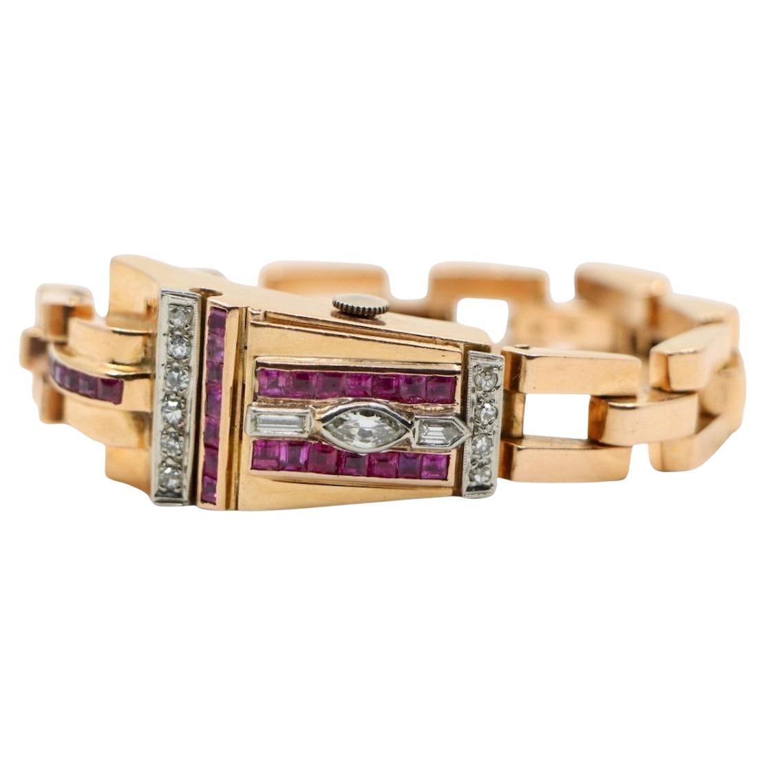 Retro 14K Rose Gold Ruby Diamonds Bracelet Watch