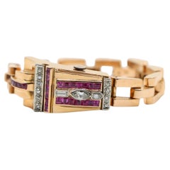 Retro 14K Rose Gold Ruby Diamonds Bracelet Watch