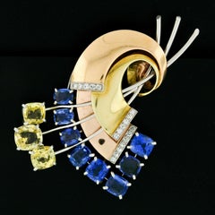 Retro 14k Rose & Green Gold GIA 15.7ct Yellow Blue Sapphire & Diamond Brooch Pin