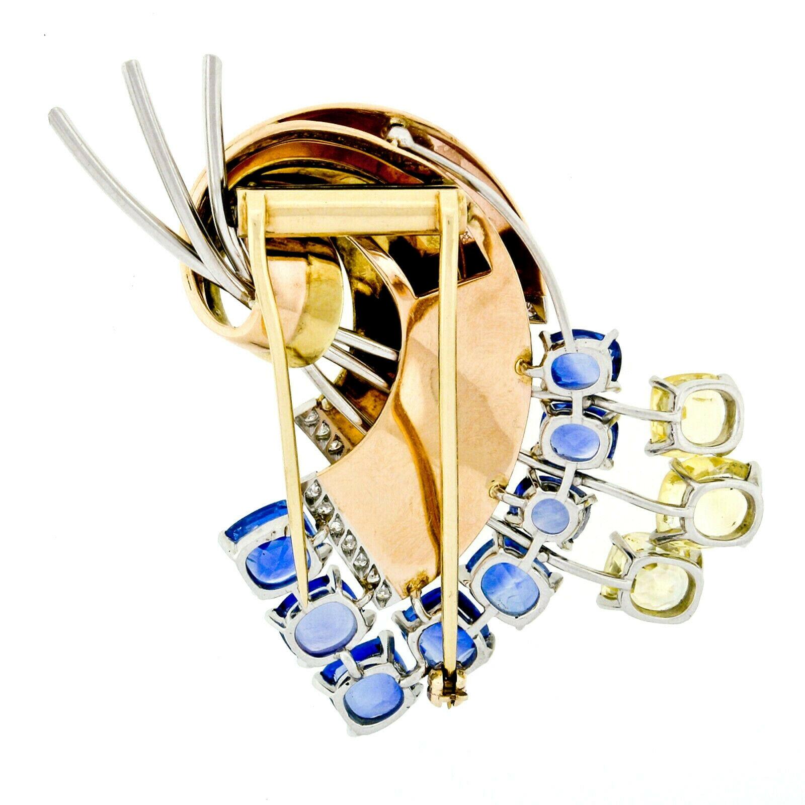 Women's or Men's Retro 14k Rose & Green Gold GIA 15.7ct Yellow Blue Sapphire & Diamond Brooch Pin