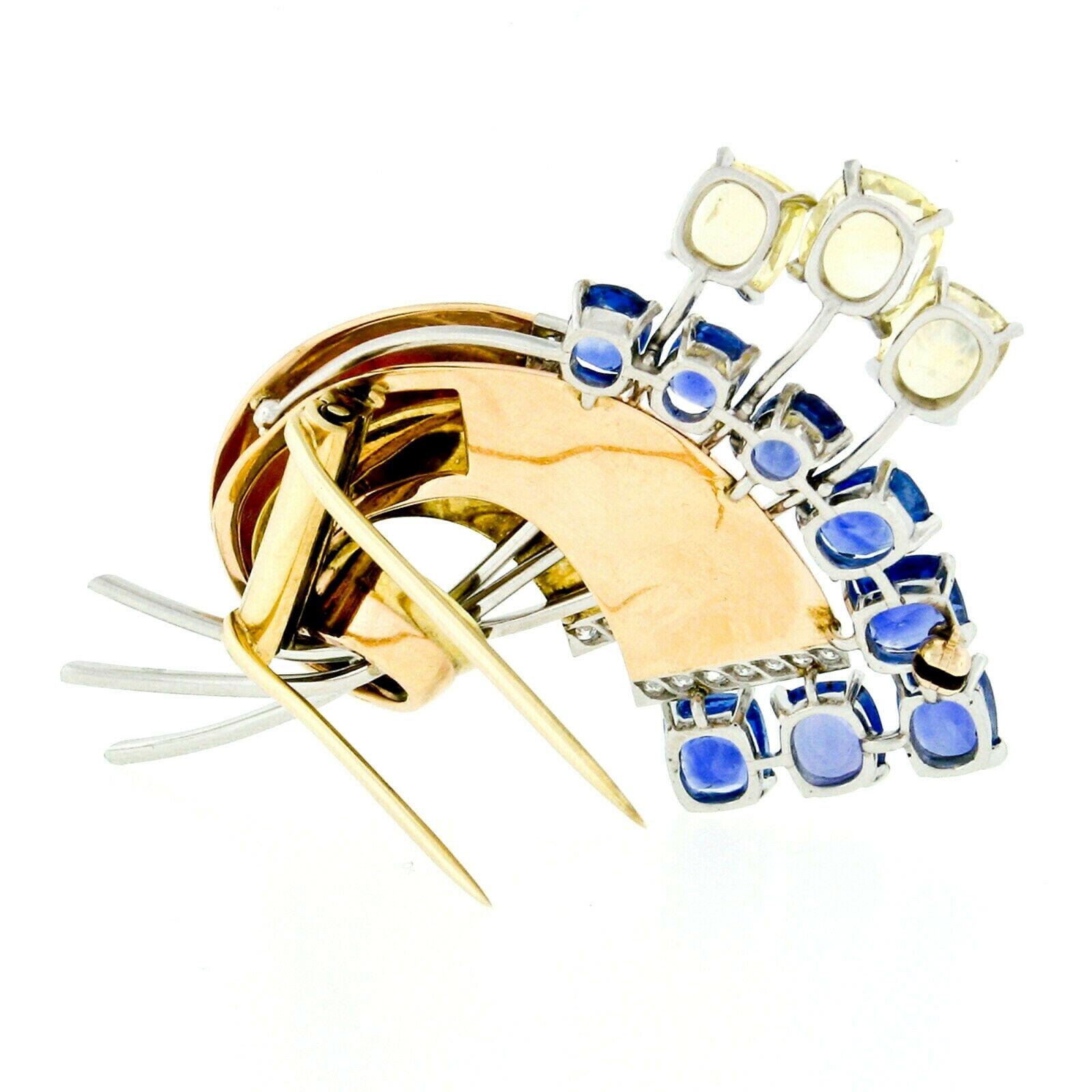 Retro 14k Rose & Green Gold GIA 15.7ct Yellow Blue Sapphire & Diamond Brooch Pin 2