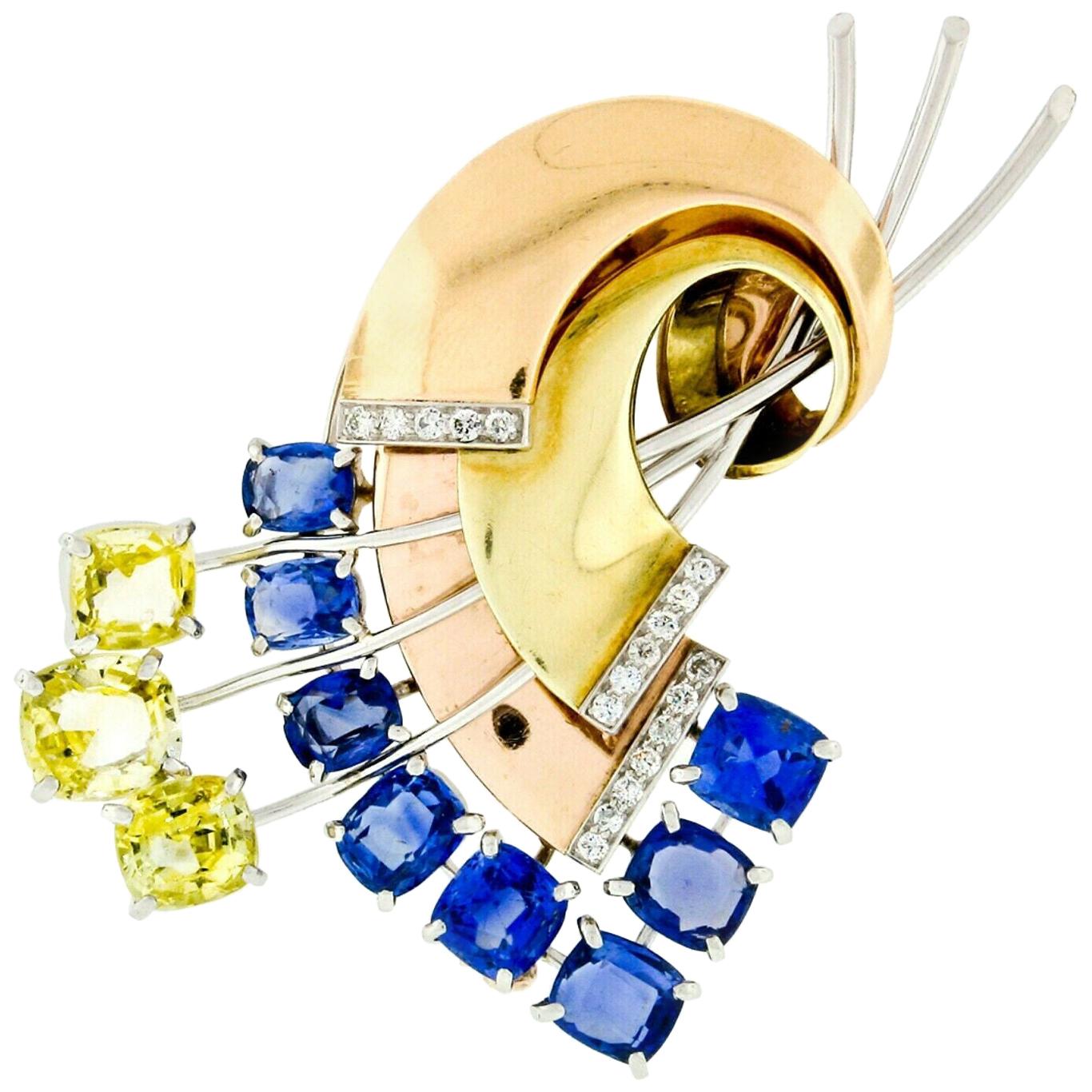 Retro 14k Rose & Green Gold GIA 15.7ct Yellow Blue Sapphire & Diamond Brooch Pin