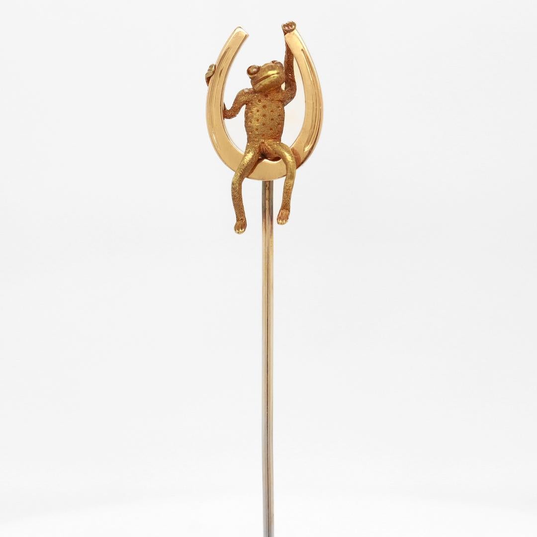 Women's or Men's Retro 14k Rose & Yellow Gold Frog & Horseshoe Stickpin