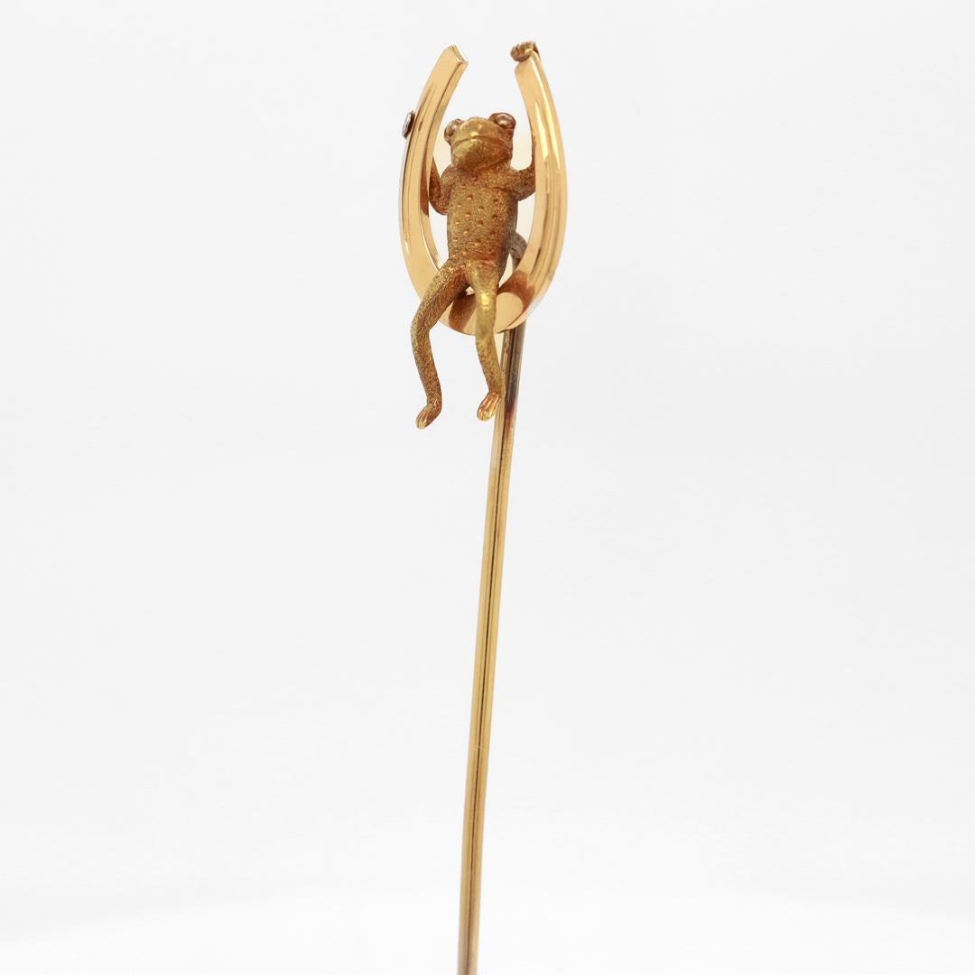 Retro 14k Rose & Yellow Gold Frog & Horseshoe Stickpin For Sale 1
