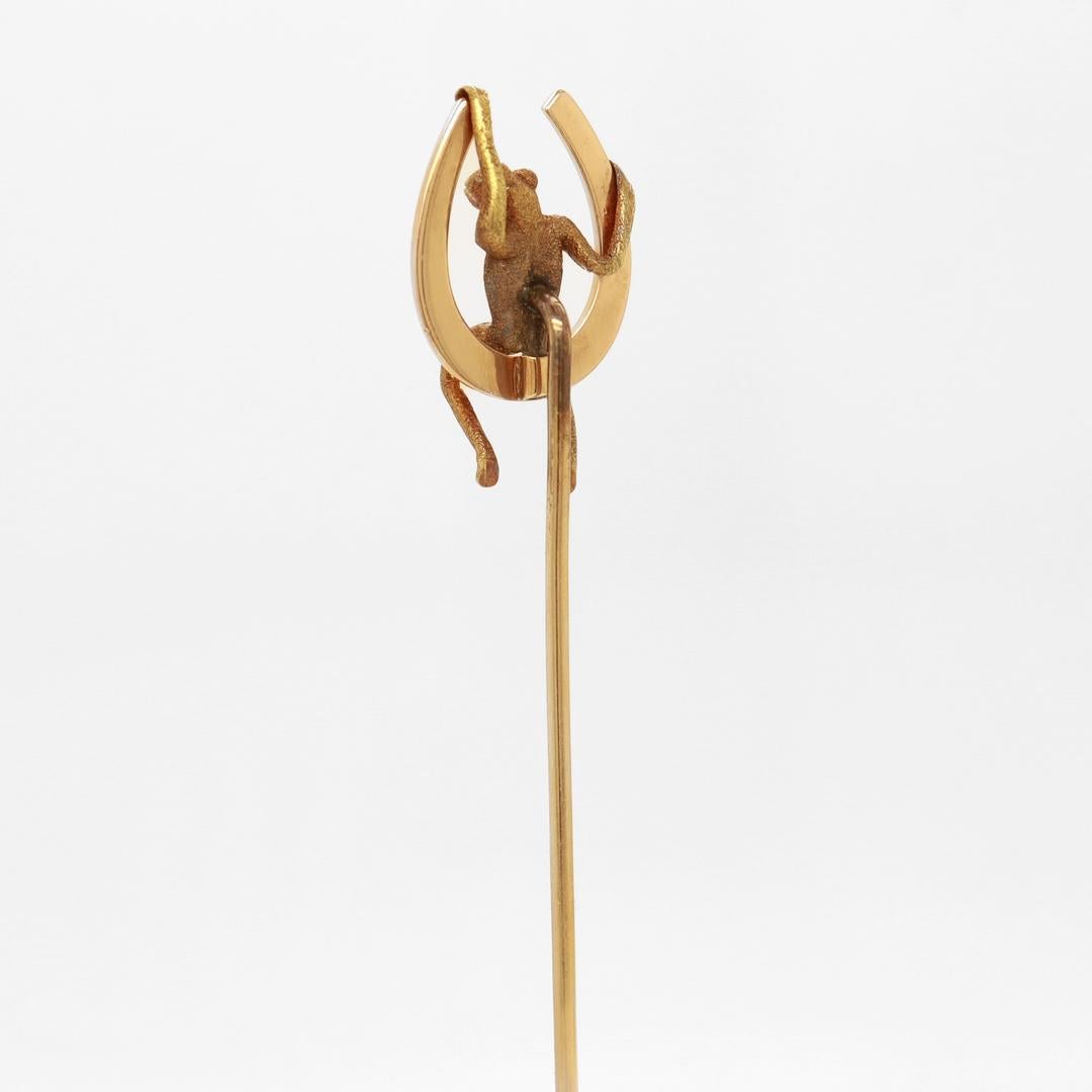Retro 14k Rose & Yellow Gold Frog & Horseshoe Stickpin For Sale 3