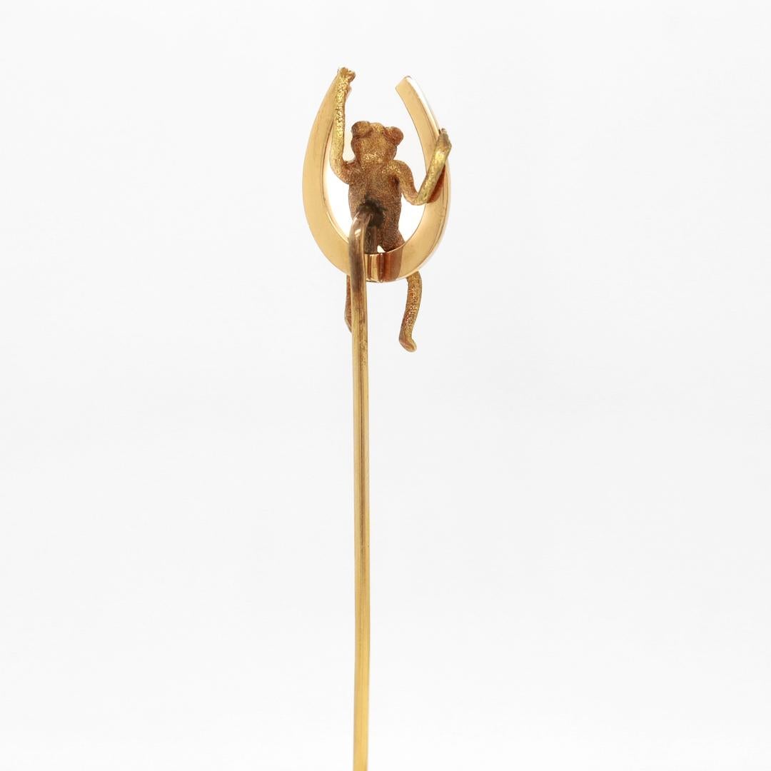 Retro 14k Rose & Yellow Gold Frog & Horseshoe Stickpin For Sale 4