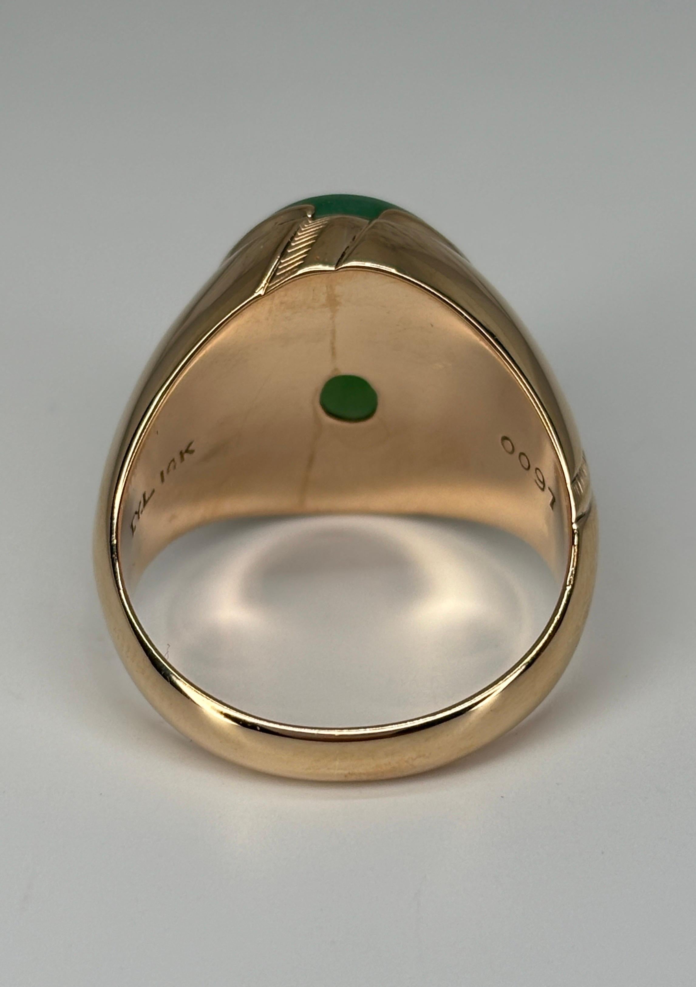Retro 14k Rosy Yellow Gold Green Jade Jadeite Cabochon Unisex Dome Ring For Sale 3