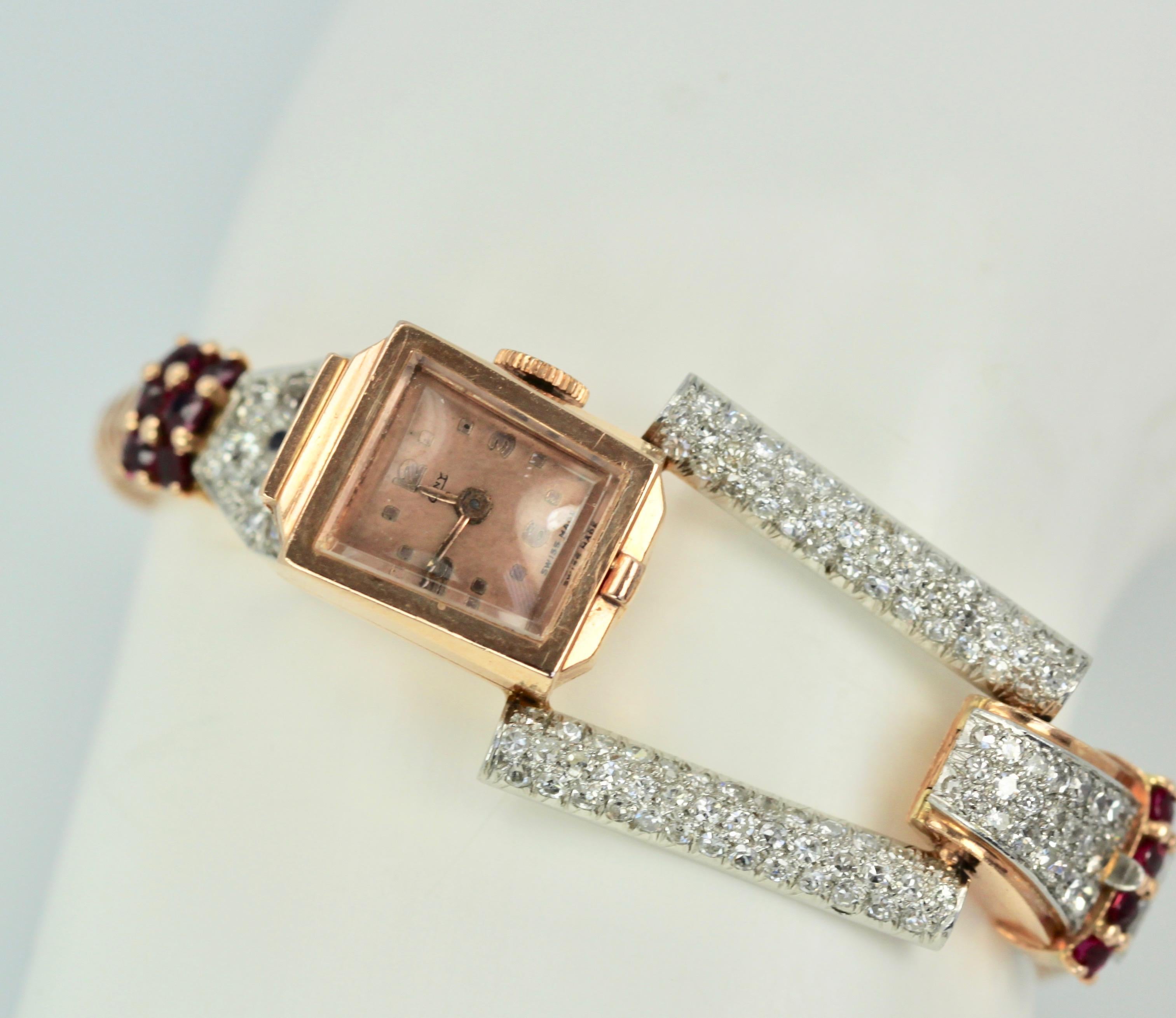 Round Cut Retro 14 Karat Ruby Diamond Watch Ciny Watch Co. Le Noirmont, circa 1940s For Sale