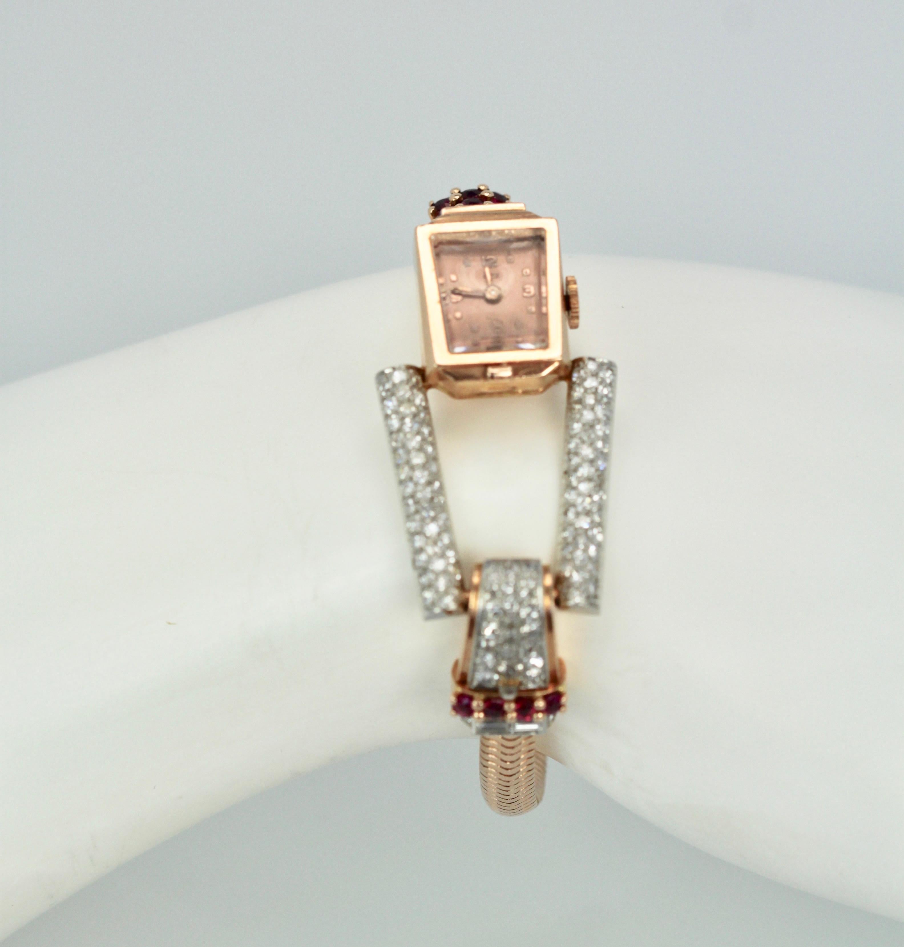 Retro 14 Karat Ruby Diamond Watch Ciny Watch Co. Le Noirmont, circa 1940s In Good Condition For Sale In North Hollywood, CA