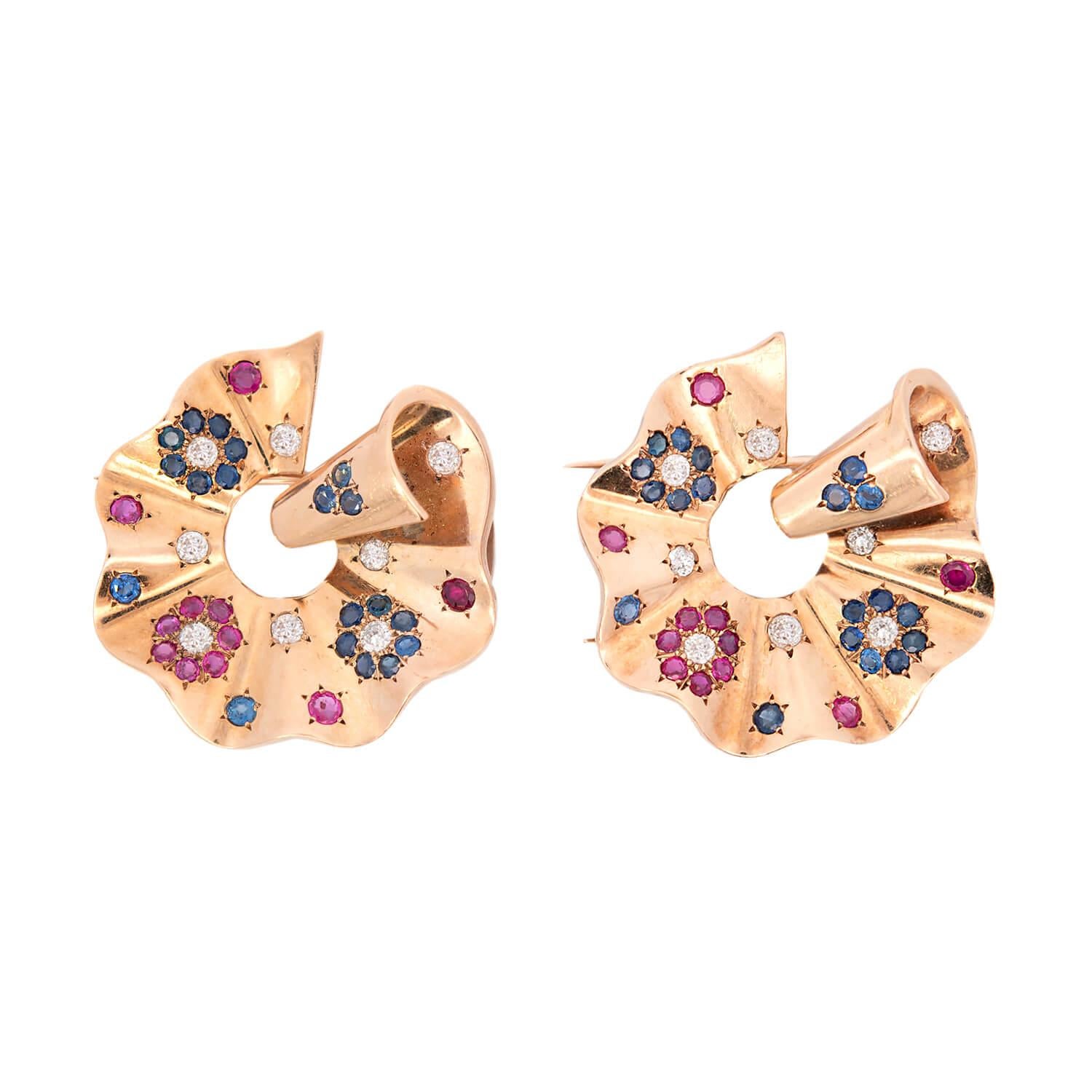 Women's Retro 14k Sapphire, Ruby, & Diamond Earrings & Fur Clips Set