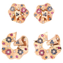 Retro 14k Sapphire, Ruby, & Diamond Earrings & Fur Clips Set