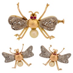 Retro 14k/Sterling Silver Ruby, Diamond, and Pearl Bug Pin Set