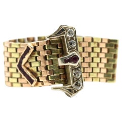 Retro 14K Tri-Tone Gold Diamond Ruby Buckle Ring